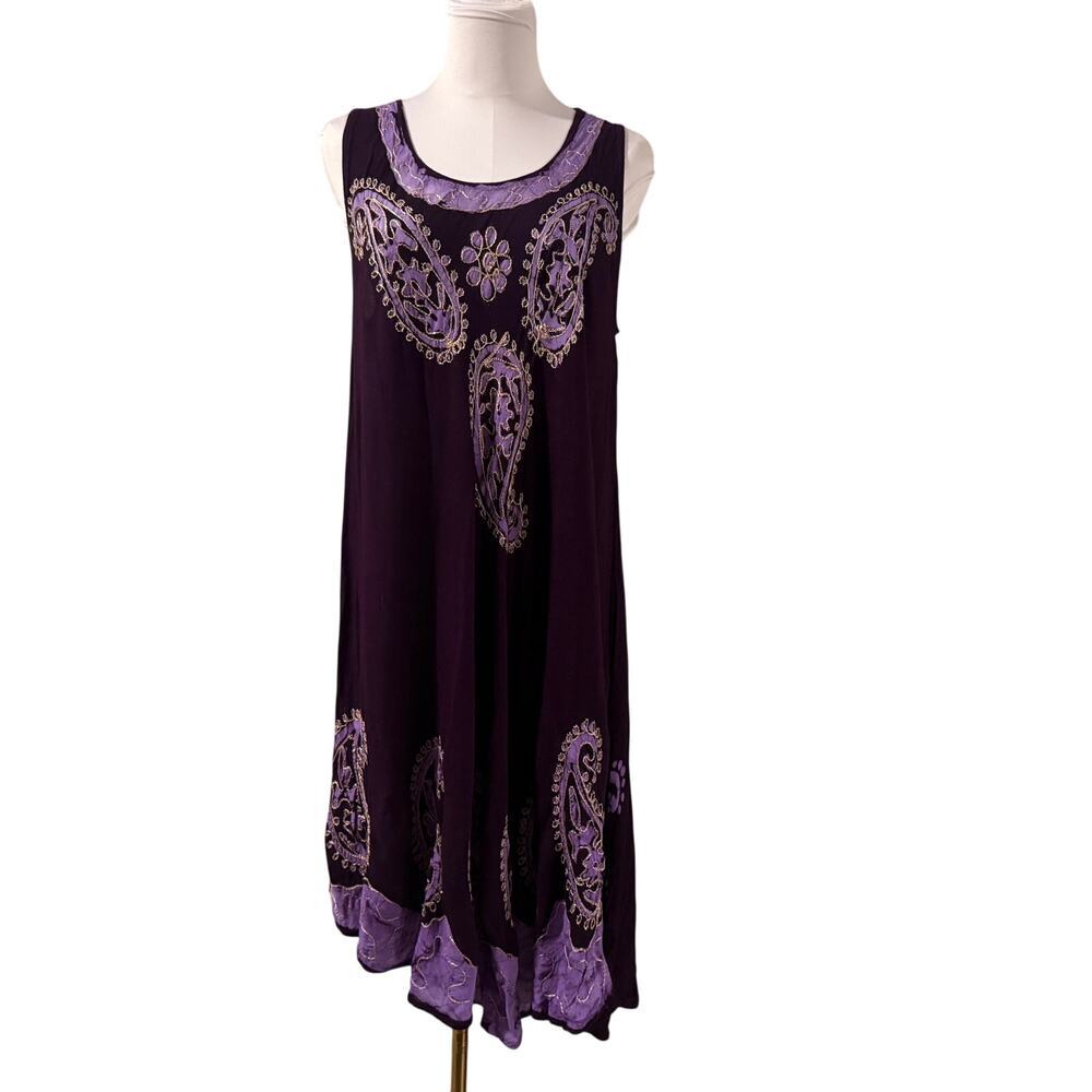 Paisley Purple Rayon Made in India Embroidered Midi Dress One Size Flowy Resort